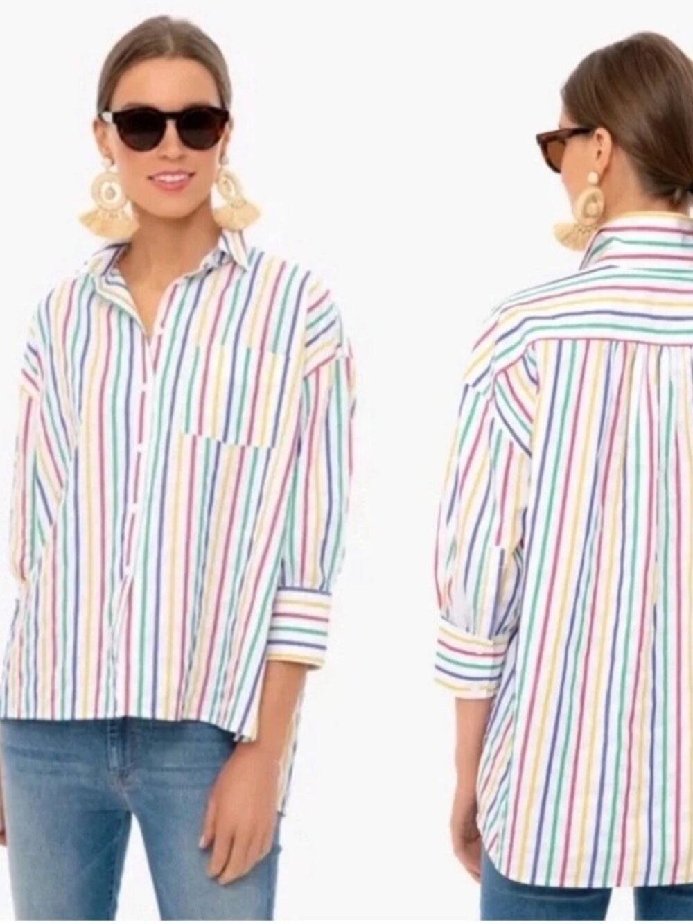 NWOT Pomander Place Tuckernuck Rainbow Striped Adair Boyfriend Shirt Women's M